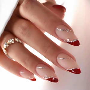 image:imageBABALAL Press On Nails Medium Almond Fake Nails Blue Yellow Brown with Star Polka Dot amp Stripe Swirl Design Y2K Retro Kawaii Glue On Nails for Women and Girls 24PcsFNf404red
