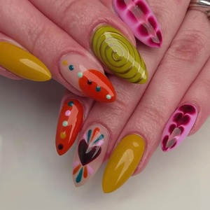 image:imageBABALAL Press On Nails Medium Almond Fake Nails Blue Yellow Brown with Star Polka Dot amp Stripe Swirl Design Y2K Retro Kawaii Glue On Nails for Women and Girls 24PcsFNf40202