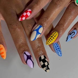image:imageBABALAL Press On Nails Medium Almond Fake Nails Blue Yellow Brown with Star Polka Dot amp Stripe Swirl Design Y2K Retro Kawaii Glue On Nails for Women and Girls 24PcsFNf403polkadot
