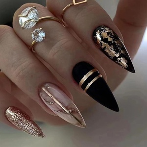 image:imageBABALAL Press On Nails Medium Almond Fake Nails Blue Yellow Brown with Star Polka Dot amp Stripe Swirl Design Y2K Retro Kawaii Glue On Nails for Women and Girls 24PcsFNf408