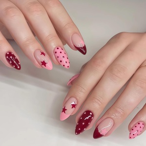 image:imageBABALAL Press On Nails Medium Almond Fake Nails Blue Yellow Brown with Star Polka Dot amp Stripe Swirl Design Y2K Retro Kawaii Glue On Nails for Women and Girls 24PcsFNf40401