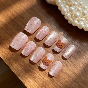 image:imageBABALAL Press On Nails Short Square Fake Nails Nude Pink Cat Eye with Bow Star amp Bear Cartoon Kawaii Design Glossy Cute Coquette Glue On Nails 30PcsBNX10201