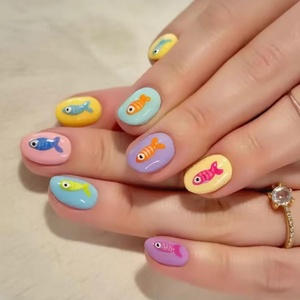 image:imageBABALAL Press On Nails Short Square Fake Nails Pastel Rainbow with Cute Fish Cartoon Design Glossy Fun Summer Beach Glue On Nails for Women and Girls 24PcsP10405