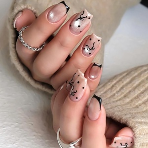image:imageBABALAL Press On Nails Short Square Fake Nails Pastel Rainbow with Cute Fish Cartoon Design Glossy Fun Summer Beach Glue On Nails for Women and Girls 24PcsP10502